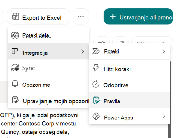 Posnetek zaslona, na katerem je prikazan Ustvarjanje pravila za avtomatizacijo seznama v SharePointu.