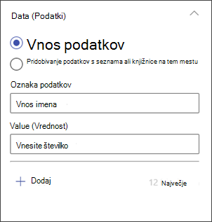 Posnetek zaslona podokna za urejanje stolpčnega grafikona za vnos podatkov