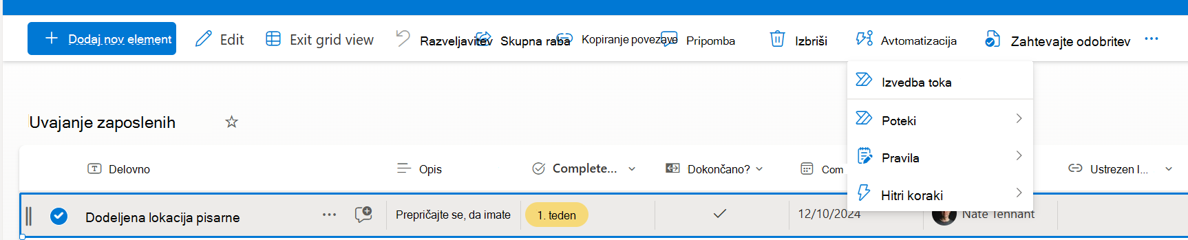 Izbrani element z možnostjo za zagon hitrega koraka