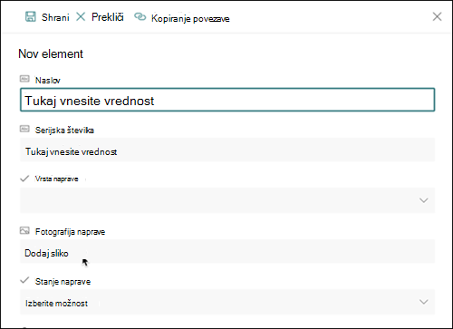 Stolpec slike – nov element