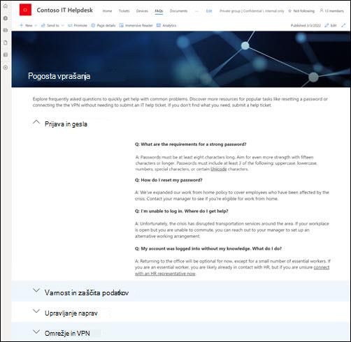 Predogled strani s pogostimi vprašanji.