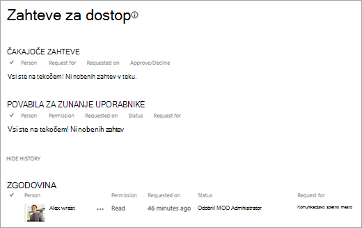 Pogled zahtev za dostop prikazuje zgodovino zahtev.
