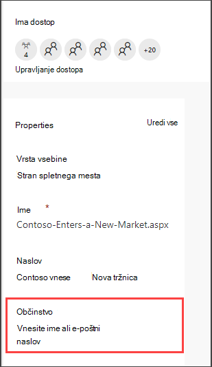 Podokno s podrobnostmi strani z možnostjo vnosa občinstva