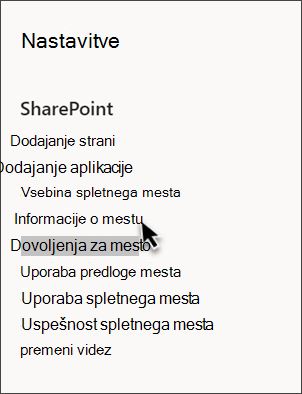 Posnetek zaslona SharePointovih nastavitev z izbranimi informacijami o mestu