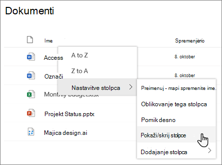Možnost »Nastavitve > stolpcev« Pokaži/skrij stolpce, ko je na sodobnem SharePointovem seznamu ali v knjižnici izbrana glava stolpca