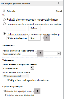 Seznam lastnosti »Spletni gradnik za poizvedbo po vsebini« s tremi oblački