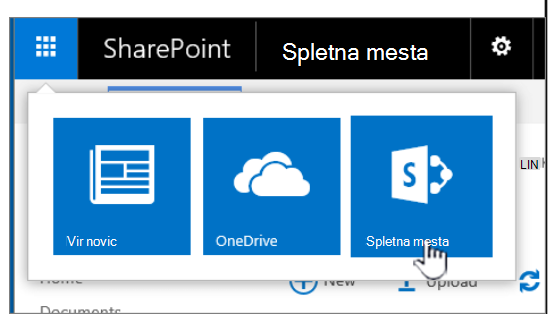 Zaganjalnik programov SharePoint z označenimi spletnimi mesti