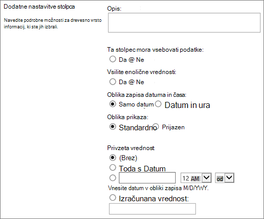 Izbire za stolpec »Datum/čas«