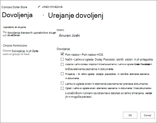 Spreminjanje ravni dovoljenj v pogovornem oknu »Dovoljenja«