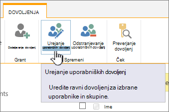 Če želite spremeniti raven dovoljenja, kliknite »Urejanje dovoljenj«.