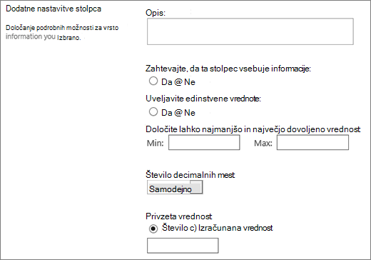 Izbire za številski stolpec