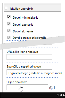 Razdelek »Dodatno« v oknu »Lastnosti spletnega gradnika« z označenim ciljnim občinstvom