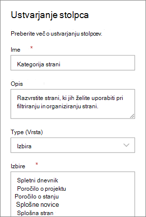 Primer nastavljanja stolpca za izbiro kategorije za spletne dnevnike