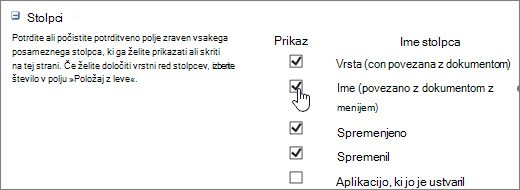 Pogovorno okno »Izbira stolpcev«
