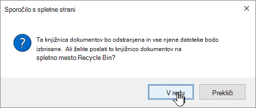Potrditveno pogovorno okno pri brisanju knjižnice