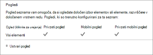 Razdelek s pogledom seznama v nastavitvah seznama