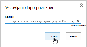 Pogovorno okno »Hiperpovezava« z označenim spletnim naslovom in gumbom »V redu«