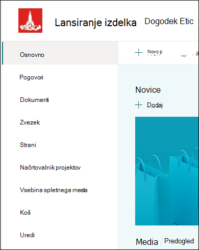 Levi meni SharePointovega spletnega mesta skupine