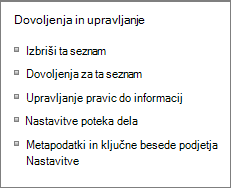 Povezave do dovoljenj za seznam in nastavitev upravljanja