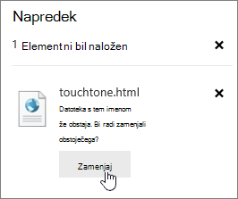 Pogovorno okno z obvestilom o neuspešnem nalaganju z označenim gumbom za zamenjavo