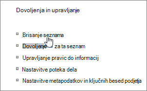Pogovorno okno nastavitev seznama z označeno možnostjo Izbriši ta seznam