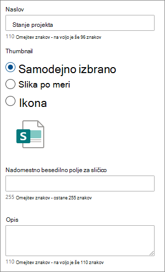 Možnosti za posamezno hitro povezavo
