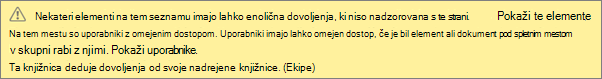 Slika, na kateri je prikazano sporočilo o enoličnih dovoljenjih za seznam ali knjižnico