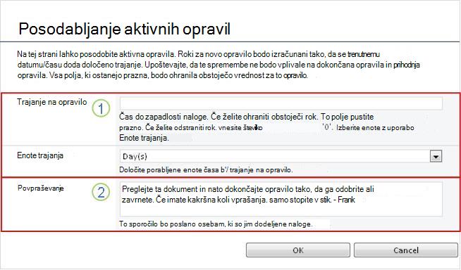 Obrazec za spreminjanje aktivnih opravil