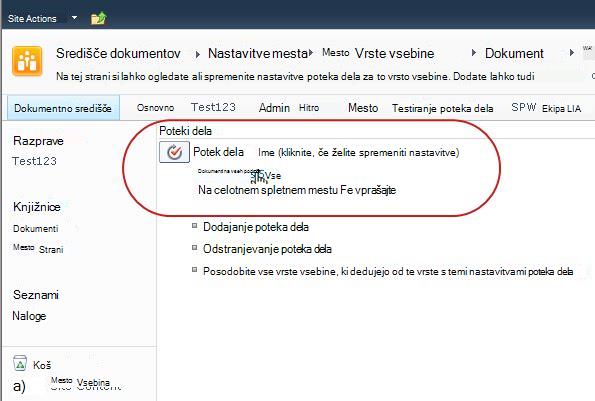 Povezava do spremembe nastavitev poteka dela
