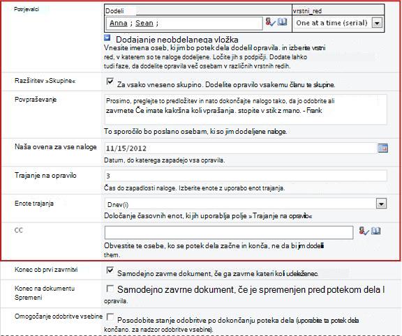 Obrazec za vnos informacij o zagonu