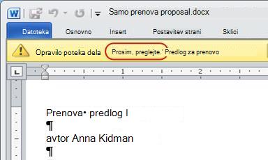Besedilo »Preglej« v vrstici za sporočila v elementu