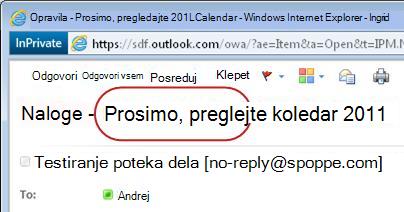 Besedilo »Preglej« v vrstici »Zadeva« obvestila o opravilu