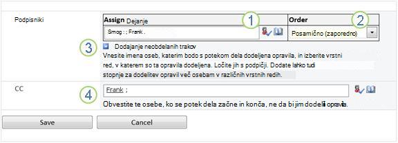 Druga stran obrazca povezave s priklicanimi možnostmi