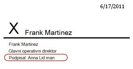 Vrstica s podpisom, ki kaže drugega podpisnika