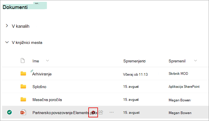 Ob datoteki, ki ste jo rezervirali, se prikaže simbol.