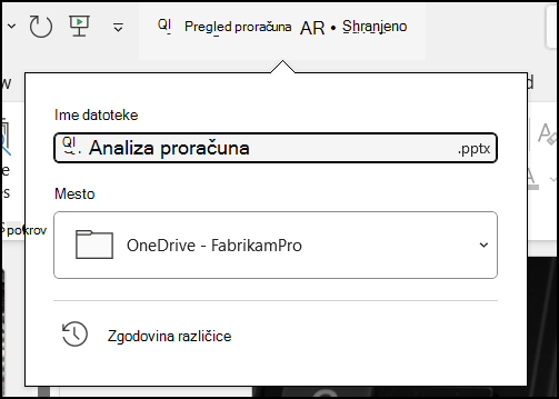 Spustni meni iz naslova dokumenta v Wordu za Office 365