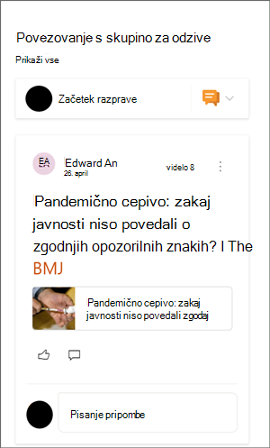Slika spletnega gradnika Yammer z vzorčnim pogovorom.