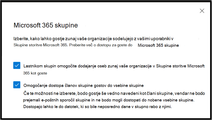 Izberite, kako lahko gost zunaj vaše organizacije sodeluje z uporabniki v skupinah storitve Microsoft 365