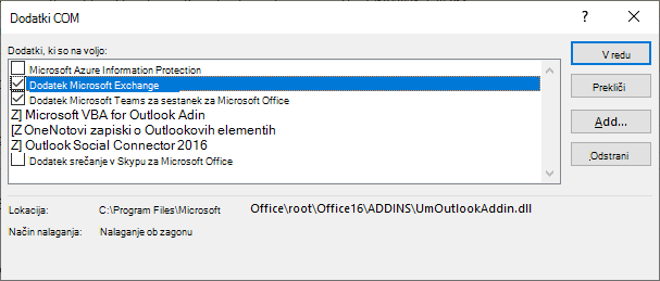 Okno dodatka Outlook coms je odprto.