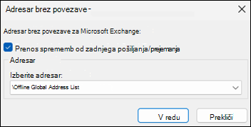 Možnost prenosa adresarja v Outlooku