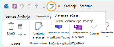 Orodna vrstica za hitri dostop za urejanje gumba za sestanek v Outlooku