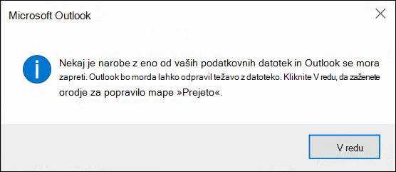 Nekaj je narobe z eno od podatkovnih datotek in Outlook se mora zapreti.