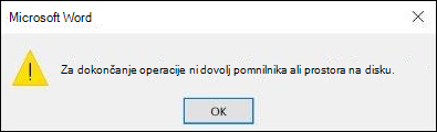 Napaka »Ni dovolj pomnilnika« v Officeu