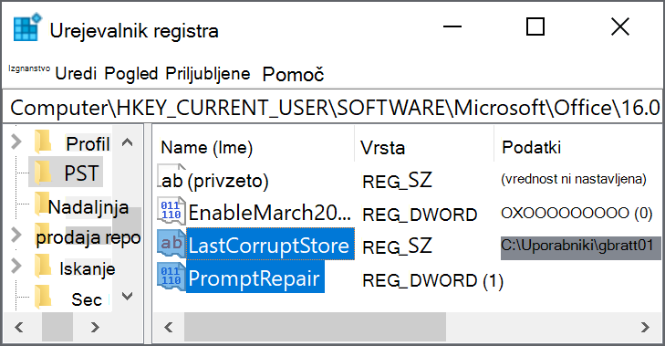 Nastavitve registra za brisanje LastCorruptStore PromptRepair=dword:00000001