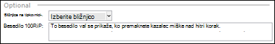 Spustni meni bližnjic na tipkovnici v Outlooku