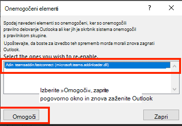 Posnetek zaslona pogovornega okna za omogočanje onemogočenih elementov.