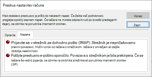 Posnetek zaslona okna »Preskus nastavitev računa« Zavihek »Napake« – IMAP