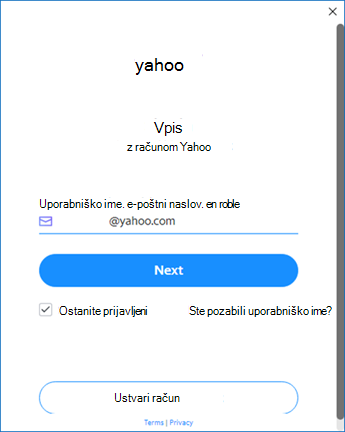 Prvi zaslon za nastavitev Yahoo Outlooka