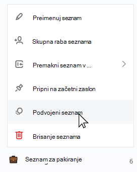 Izbran seznam pakiranja z odprtim priročnim seznamom in izbranim podvojenim seznamom