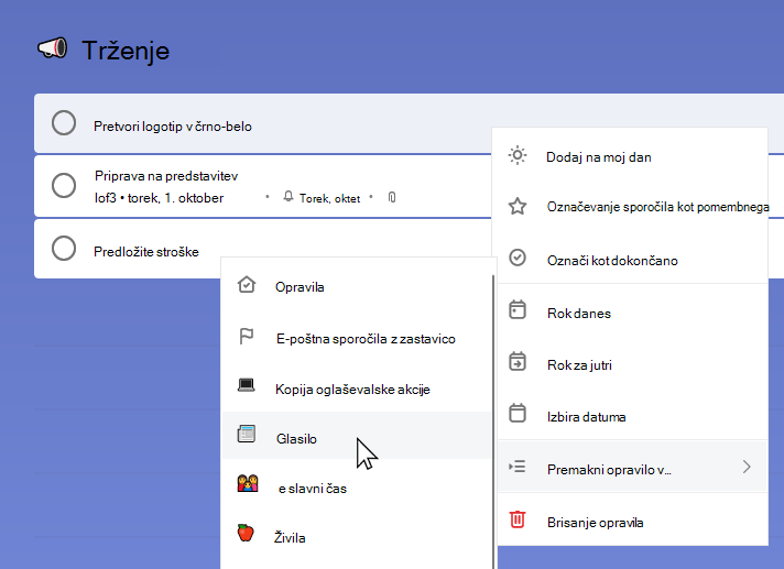 Seznam za trženje z izbrano nalogo Pretvori logotip v črno-belo in odprtim priročnim menijem. Izbrana je bila možnost Premakni opravilo v in izbran je seznam glasil.